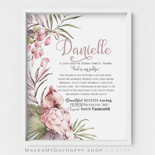 Danielle name meaning,Tropical girls room decor,Green leaf,watercolor parrot,first name wall art,Custom name meaning,Sign Name wall decor