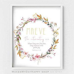 Maeve name meaning,Personalized gift,Irish mythology,Name Sign wall art,Custom Printable Meaning of Name,wild flowers wreath,Rustic poster