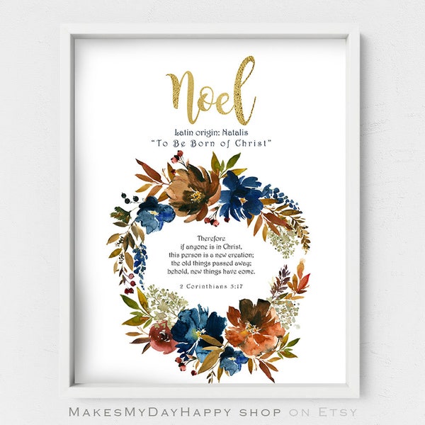 Personalized Name meaning,Noel name wall art,Autumn baby shower gift,navy floral nursery decor,fall colors poster,2 Corinthians 3:17 print