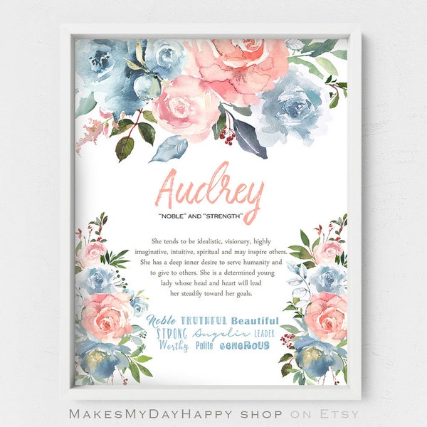 Audrey name meaning,Floral first Name wall art,light blue flowers,blush peonies and roses,Custom name meaning,nursery room decor,name traits