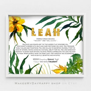 Leah Name meaning,Hebrew names wall art,Tropical first name poster,Bible meaning,Custom Printable Name,girly room decor,Coastal themed room