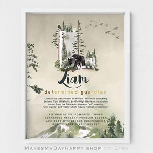 Liam Name Meaning,Personalized baby shower gift,Forest nature art,black wolf poster,Watercolor wood,snowy forest decor,symbol of guardian