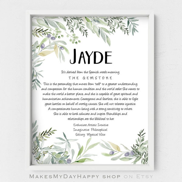 Jayden name meaning,Personalized gift,Greenery nursery,Sign Name wall art,Custom first Name,Birthday gift,Best friend present,Name traits