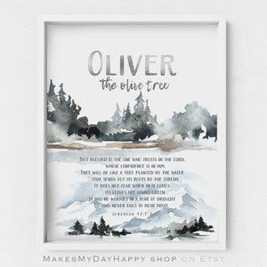 Oliver Biblical name wall art,Custom Name Meaning,First Name sign,Personalized name,Blue silver kids room decor,Watercolor Foggy Landscape
