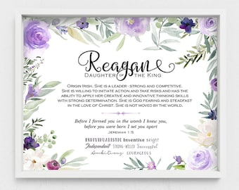 Reagan name wall art,Jeremiah 1:5,Personalized name meaning,Custom given Name,Purple floral name sign,Gift idea for a colleague,Digital