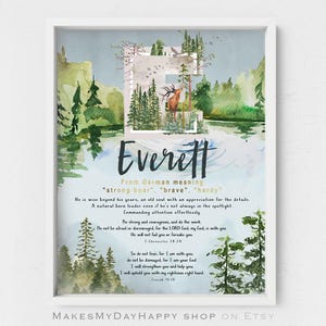 Everett Name Meaning,Deer nursery art,Personalized baby shower gift,Forest creature art,German name meaning,Isaiah 41,10,forest landscape