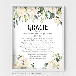 Custom Name meaning printable wall Art,White blush nursery,Gracie name meaning,floral nursery,Personalized girl room poster,Baby shower gift