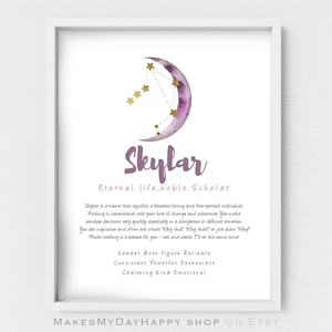 Purple moon wall art,Skylar name meaning,Zodiac sign,Constellation Star map,Custom First name,downloadable nursery gift,Personalized gift