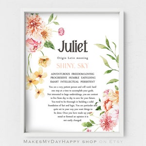 Juliete name meaning,Floral name wall art,Custom first Name origin,Personalized Meaning of Name,baby shower printable,new mom digital gift