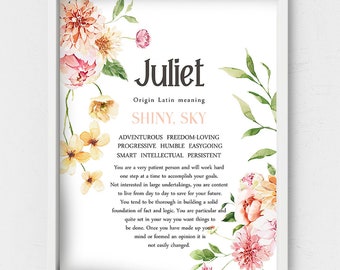 Juliete name meaning,Floral name wall art,Custom first Name origin,Personalized Meaning of Name,baby shower printable,new mom digital gift