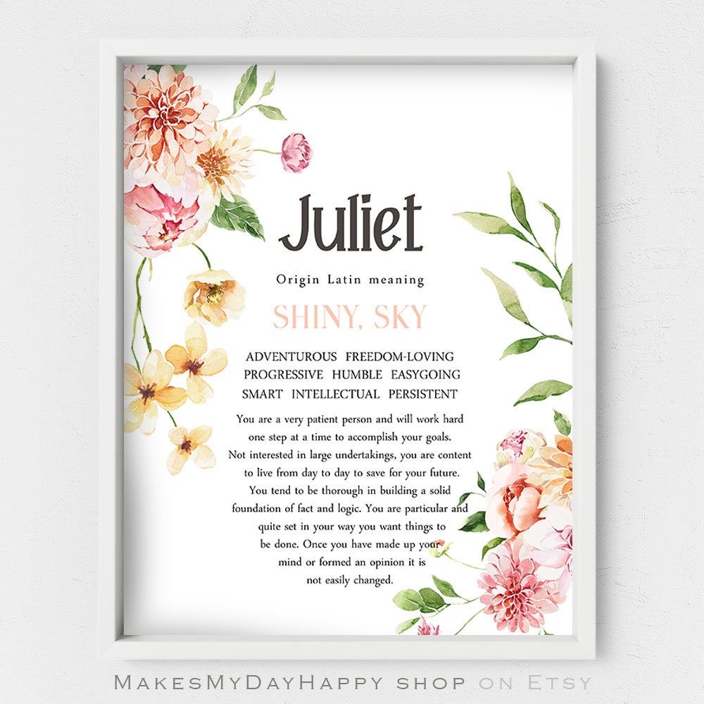 Juliete Name Meaning floral Name Wall Art custom First Name Origin
