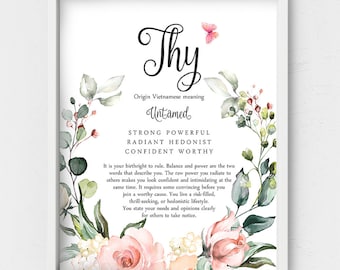 Thy name meaning,Christmas gifts,New baby wall art,Name description,name origin,Personalized Gift for Mom,printable blush floral nursery