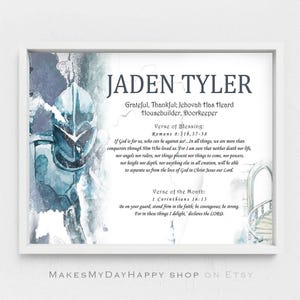 May include: A watercolor painting of a knight with a quote about God's love and a verse of the month. The painting is in shades of blue and gray. The text reads "Jaden Tyler, Grateful, Thankful; Jehovah Has Heard, Housebuilder, Doorkeeper, Verse of Blessing: Romans 8:316, 37-38, If God is for us, who can be against us?... In all things, we are more than conquerors through Him Who loved us. For I am sure that neither death nor life, nor angels nor rulers, nor things present nor things to come, nor powers, nor height nor depth, nor anything else in all creation, will be able to separate us from the love of God in Christ Jesus our Lord. Verse of the Month: I Corinthians 16:13, Be on your guard; stand firm in the faith; be courageous, be strong. For in these things I delight, declares the LORD."