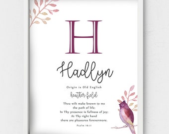 Hadlyn name wall art,printable meaning of name,Little bird,Minimalist Name wall decor,Psalm 16:11,purple mauve kids room decor,Personalized