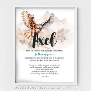 Axel Name meaning,owl wall art,Isaiah 9,6,symbol of peace,Hebrew meaning,Custom Printable Name,scandinavia origin,boy's room decor