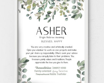 Asher name meaning,Personalized gift,Holiday season last minute gift,sage green color leaves,Father's Day gift,Name description,Name origin