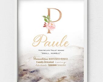 Paule name meaning,Blush pink floral,Rosegold monogram,Name origin,first name Meaning,Personalized name traits,Pink peonies,Baby shower gift