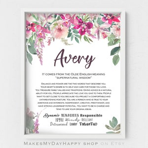 Avery name wall art,Personalized name meaning,blush pink floral,Name Sign,Custom Printable Meaning of Name,Adult gift,Best friend Birthday