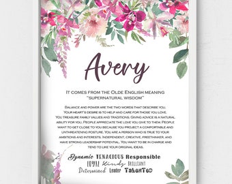Avery name wall art,Personalized name meaning,blush pink floral,Name Sign,Custom Printable Meaning of Name,Adult gift,Best friend Birthday