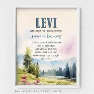 Levi Name Meaning,Personalized baby shower gift,Hebrew name origin,Forest nature art,Watercolor wood,spring decor,Christmas gift,Mark 12,30