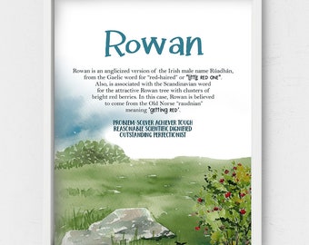 Rowan Name Meaning,First name wall art,Nature nursery,Red berries,Forest nursery art,Little red one,Personalized name references,Boy's room