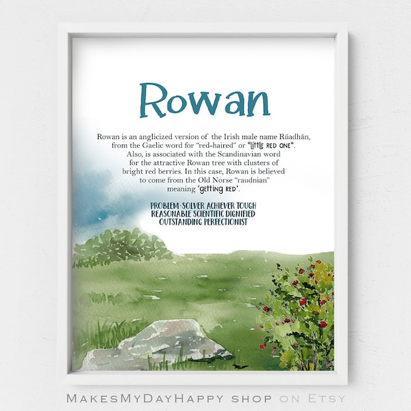 Rowan Name Meaning,First name wall art,Nature nursery,Red berries,Forest nursery art,Little red one,Personalized name references,Boy's room