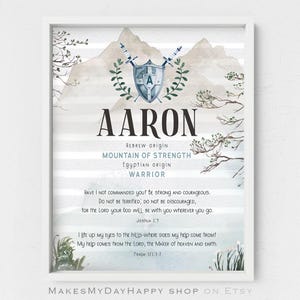 Aaron name meaning,fairytale boy's room,Knight warrior,conqueror kids room,armor shield sword,toddler birthday gift,symbol of warrior