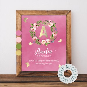 Personalized Name meaning,Floral name wall art,Custom Sign Name,Pink name meaning girls room decor,Gift for birtday,1st birth present