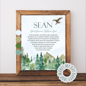 Personalized Name meaning,Sean meaning,Custom Name,Woodland theme kids room decor,Printable nursery personalized sign,Forest wall art