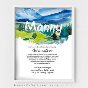 May include: A watercolor painting of a landscape with a house and mountains. The name Manny is written in white on the image. The text below the name says "Come from the Spanish name Manuel meaning God is with us." The text below that describes the name Manny and its meaning.