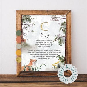 Clay Custom Name meaning gifts printable,Name posters for kids room,Baby boy custom name sign,Personalized name definition watercolor decor