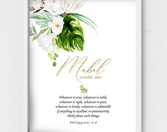 Mabel name meaning,Philippians 4:8,Tropical leaves personalized poster,Name wall art,Custom first name Christian gift,Minimalist wall print