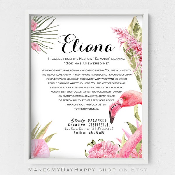 Eliana name wall art,Pink Flamingos personalized poster,Girly pink themed room,Custom Name meaning,Tropical room decor,Given name gift