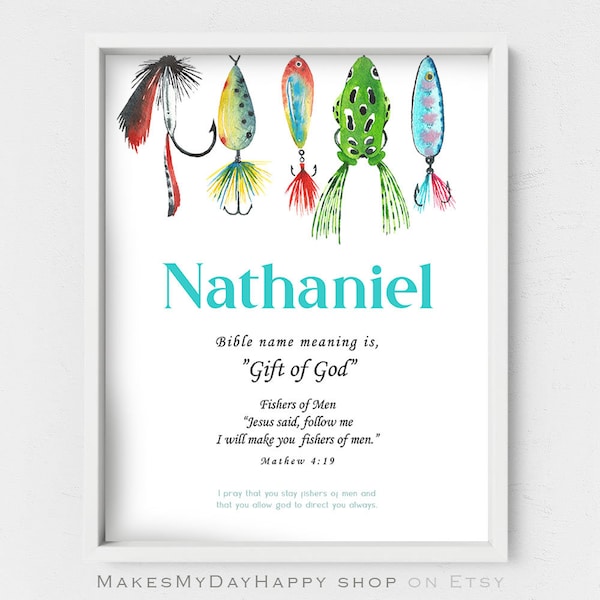 Nathaniel name meaning,Biblical meaning,Mathew 4:19,Fishers of Men,coastal wall art,fishing lover wall art,fishing hooks,gift for fisherman