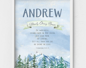 Andrew name meaning,Personalized gift,Biblical meaning,Corinthians,evergreen forest,snowy mountains kids room decor,Game room custom poster