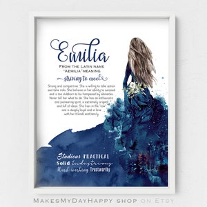 Personalized Name meaning,Emilia name,navy wall art,Custom Name,Printable Meaning of Name,new mom gift,nursery decor,gift for friend