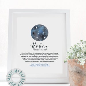 May include: Framed art print featuring a watercolor illustration of a blue and black celestial design with stars. The name "Robin" is written in elegant script, with text describing personality traits. The print is in a white frame.