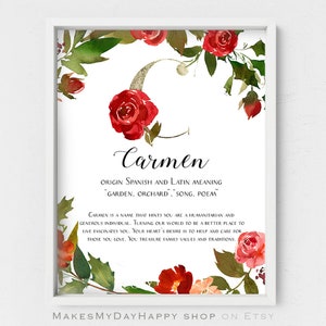 Carmen Name meaning,First name wall art,Personalized gift,Custom Printable Name,Sign name room decor,Red watercolor poster,Given name print