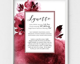Lynette name meaning,Abstract burgundy color frame,Personalized gift,Custom name printable art,mother's day gift,valentine's day,keepsake