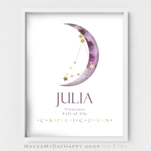 Zodiac sign,Constellation Star map,Personalized gift,Name meaning,Julia Name wall art,Purple moon kids room decor,Feminine girly poster