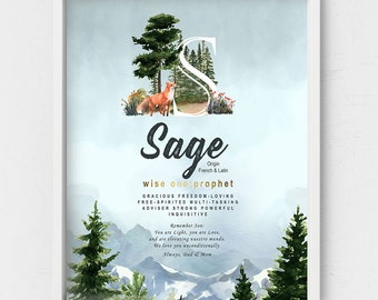 Sage name,Woodland nursery,Watercolor evergreen,mountains landscape,Customized name sign,custom printable meaning of name,Personalized name