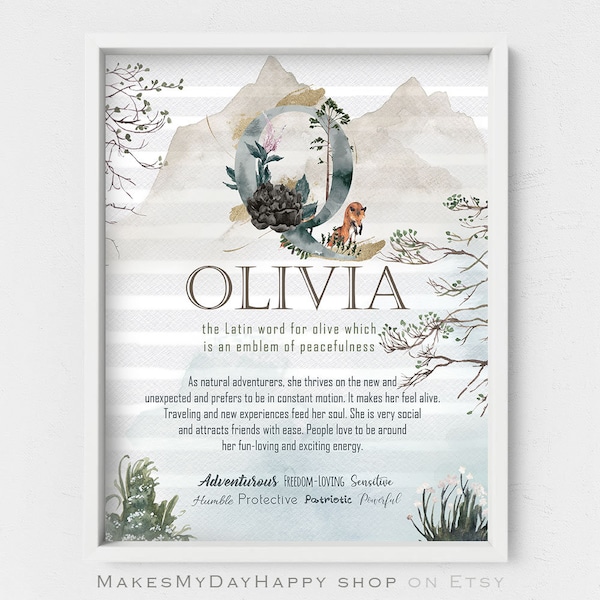 Olivia name,Custom Name Meaning,First name wall art,Personalized name,Name Sign,gift idea for child,Kids room personalized,fox printables