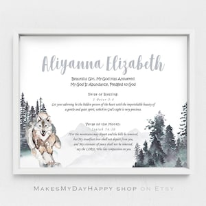 Aliyanna-Elizabeth name meaning,Personalized gift,Biblical meaning,evergreen forest,mountains kids room decor,the wolf runs wall art