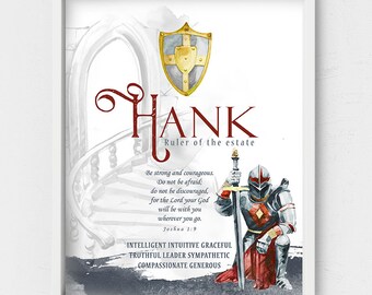 Hank name,Printable Name meaning,Joshua 1:9,Custom first name,Knight warrior,conqueror kids room wall art,armor shield sword,the Round Table