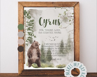 Cyrus Personalized Name meaning,Custom Printable Meaning of Name,Watercolor evergreen forest kids room decor, Woodland theme Name wall art