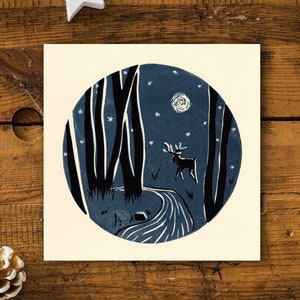 Embellished Moonlit Woodland with Stag Winter Scene | Hand Printed Lino Cut | Moonlight Deer Christmas Square Greetings Card | Cream