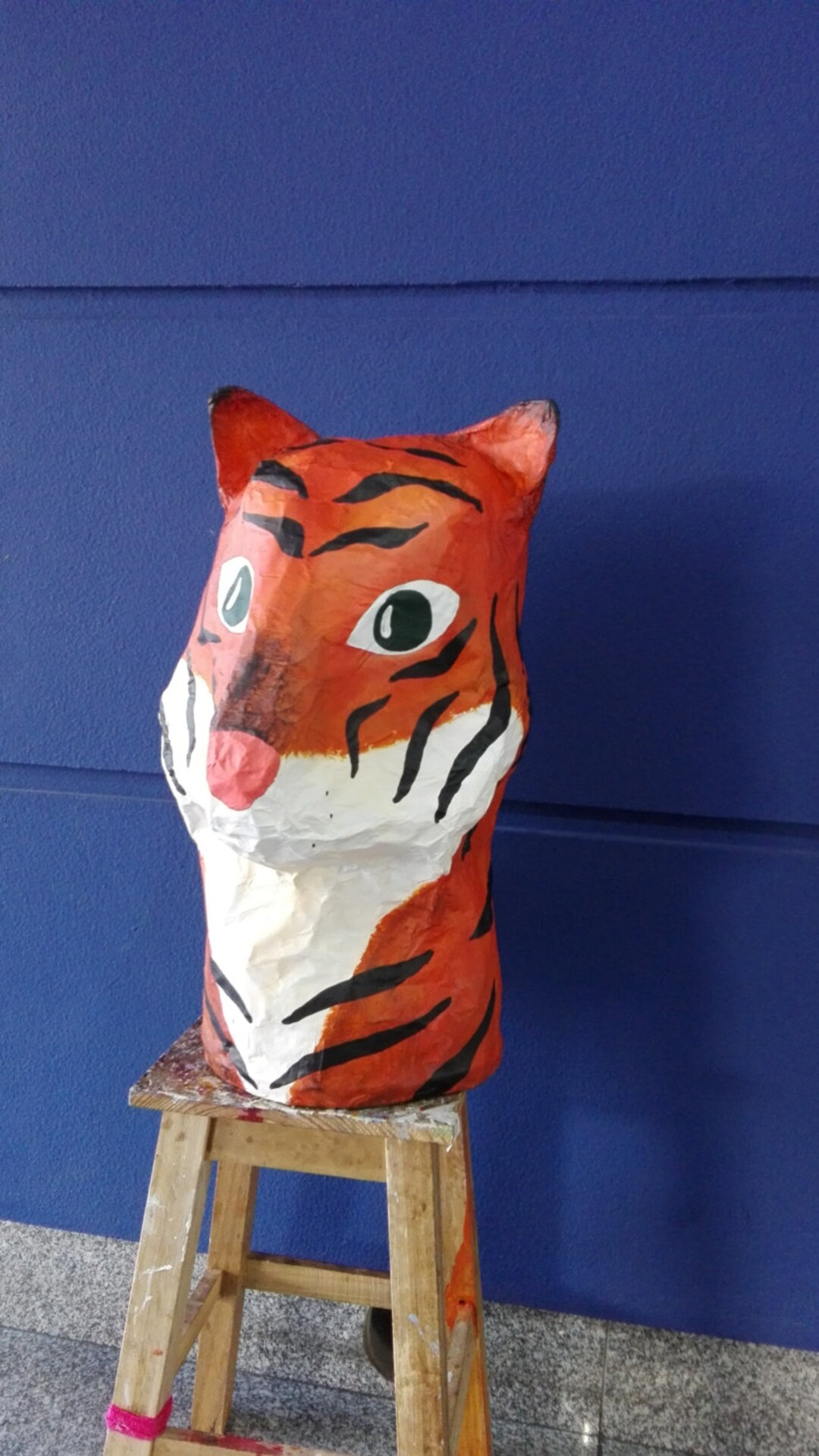 Papermache Tiger Head Totem, Big Timóteo. Large Paper Sculpture