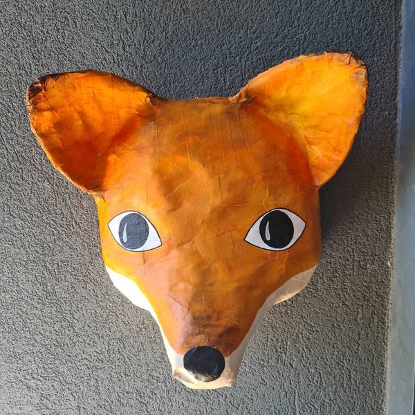 Tête de renard en papier mâché, Franklin. Créature des bois, décoration murale colorée.