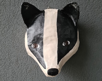 Paper mache badger head, Tobias Badger. Sweet woodland creature.