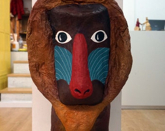 Paper-mache mandrill head totem, Big Barnabé. Large paper sculpture, original home decor.